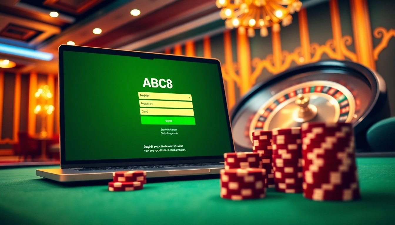 Engage in Đăng Ký ABC8 at a luxurious online casino setup with vibrant visuals of chips and roulette.