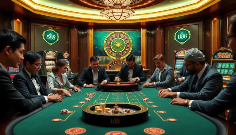 Players enjoying a thrilling poker game at Lu88 casino, featuring luxury decor and poker chips.