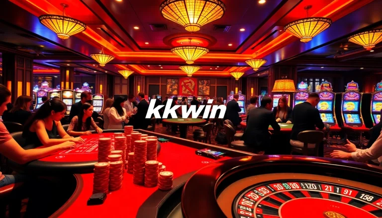 Excited gamblers enjoying games at kkwin.com casino, featuring vibrant tables and slot machines.