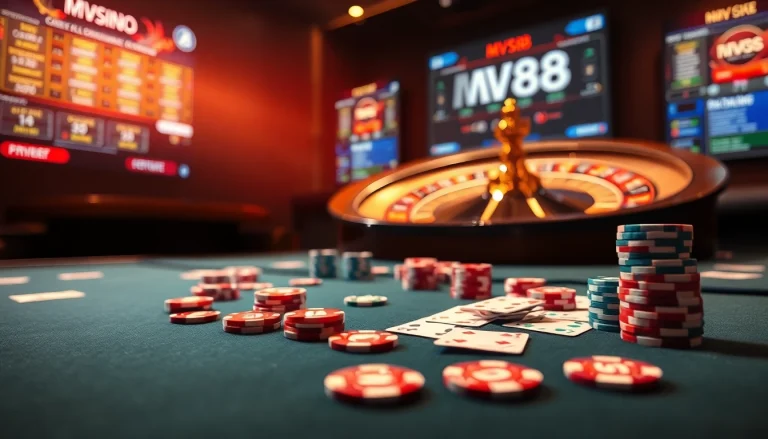Players experiencing the thrill of mv88 casino with vibrant tables and chips at play.
