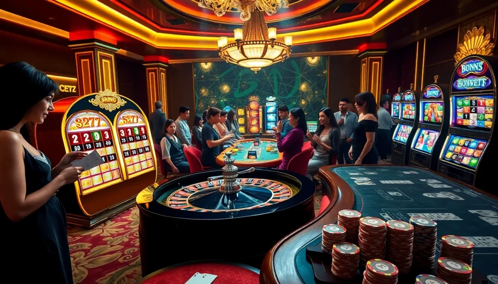 Experience thrilling gaming at https://j88.gives/ with engaged players at a luxury casino table.
