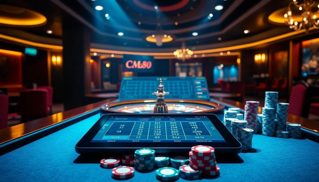 CM88 online casino: Exciting gambling scene with roulette and vibrant poker chips.
