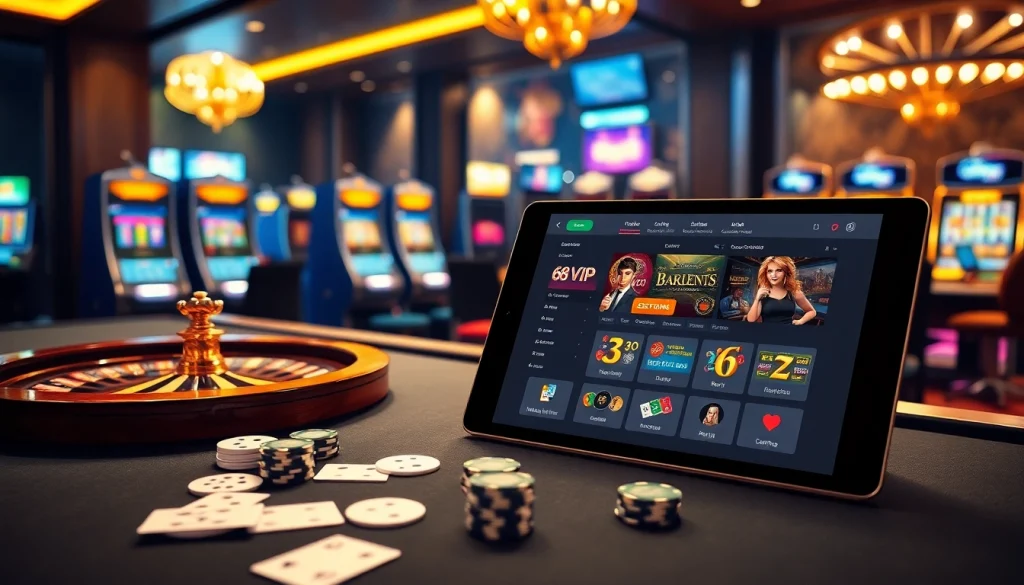 Immerse in the excitement of online gambling at https://68vip.one/ with a vibrant casino scene featuring poker chips and roulette.