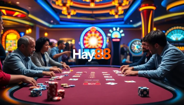 Experience thrilling gameplay at Hay88 with vibrant casino tables and excited players.
