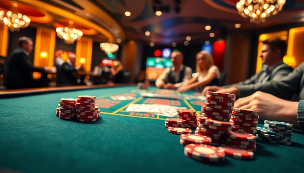 Jouer au meilleur casino en ligne Belgique avec des jetons colorés et une table animée.