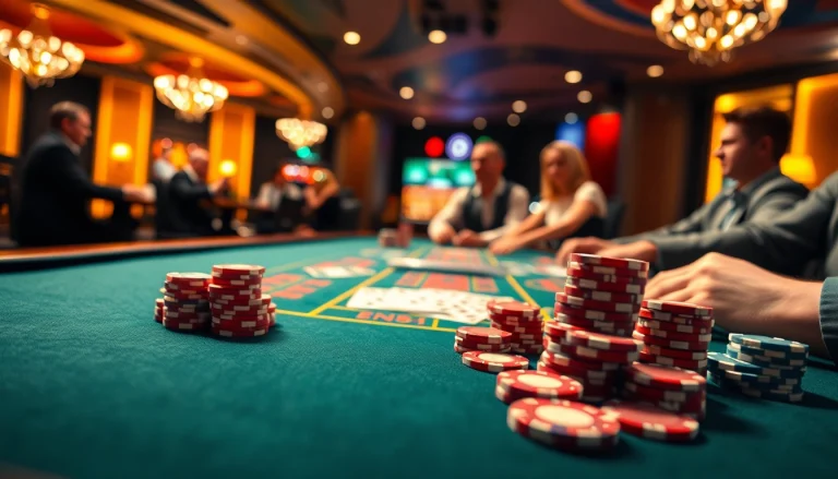 Jouer au meilleur casino en ligne Belgique avec des jetons colorés et une table animée.