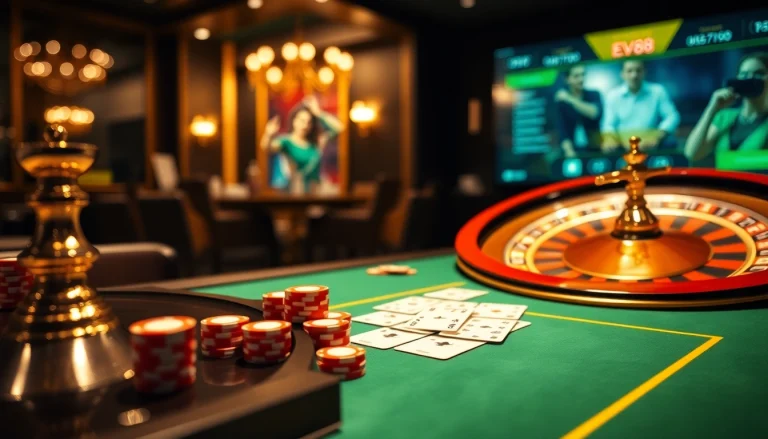 Engage with the luxurious enviroment in the ev88 online casino, showcasing a vibrant poker table and roulette wheel.