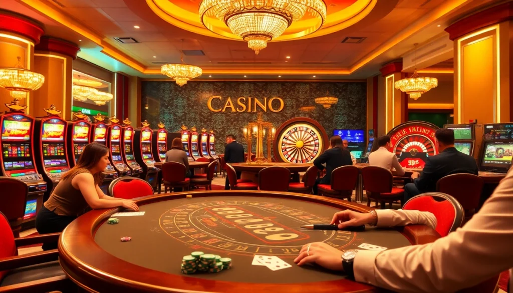 Vibrant casino scene showcasing casino en ligne france légal with engaging poker players and colorful slot machines.