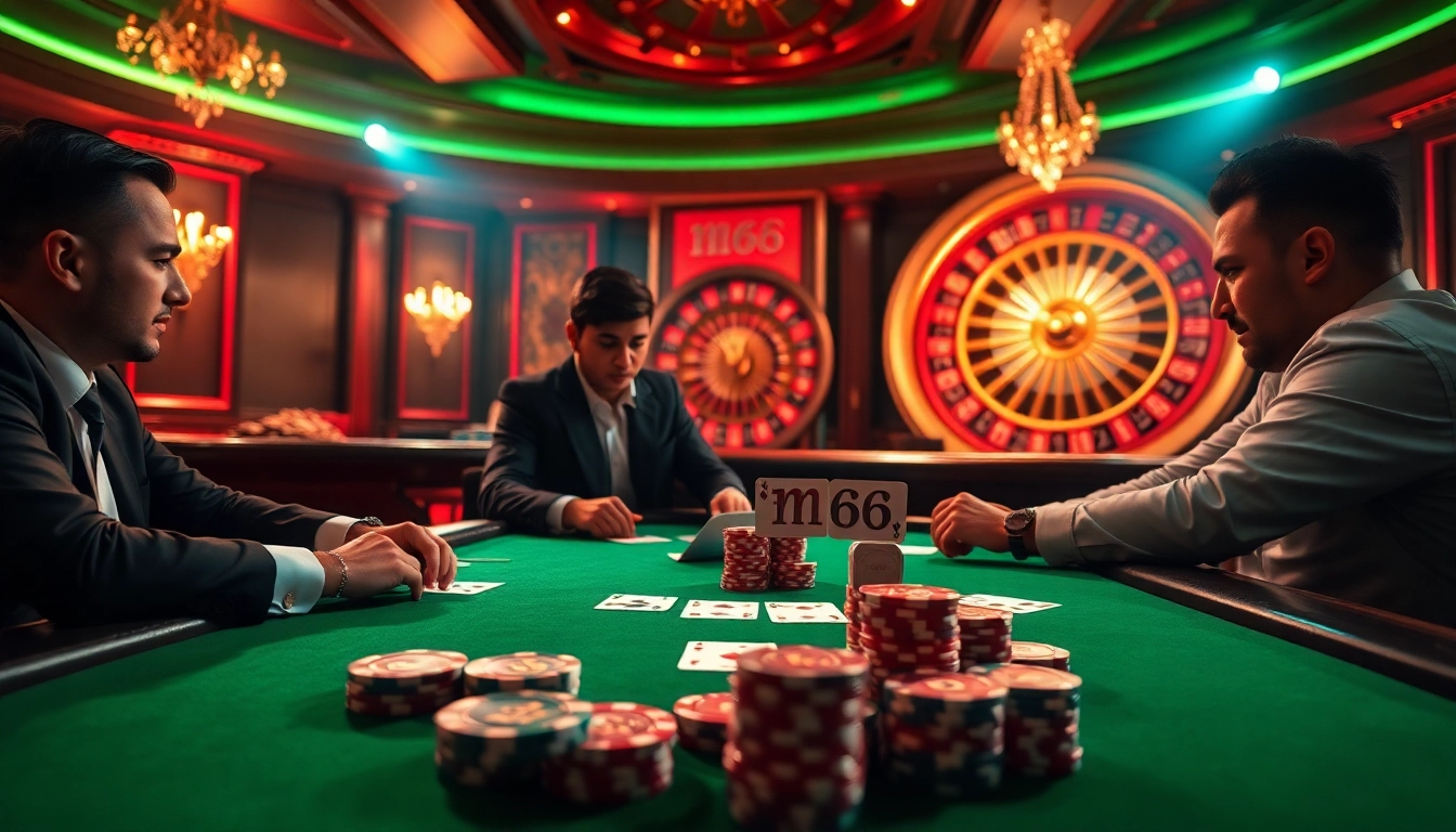 Players strategize and place bets at an MB66 poker table in a luxurious casino setting.