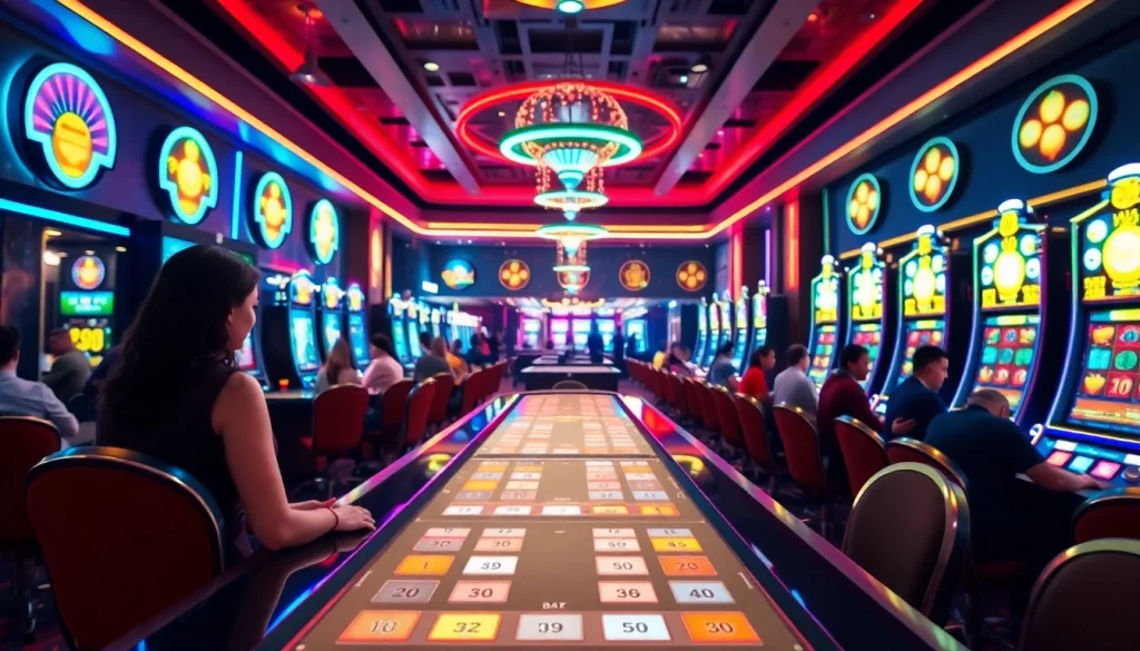 Vibrant casino en ligne atmosphere with players enjoying games amidst colorful lights