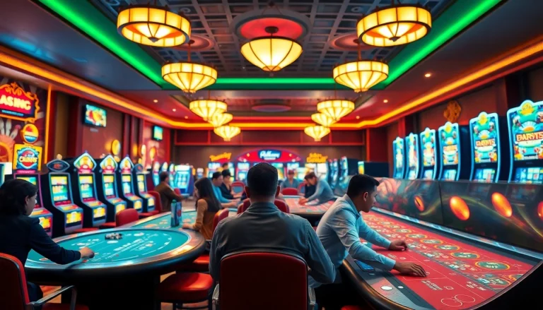 Jouez à casino en ligne dans un cadre vibrant avec des machines à sous colorées.