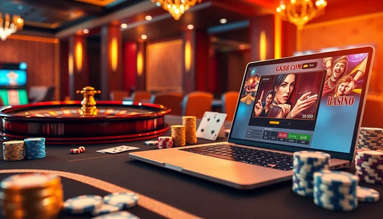 Experience the thrill of GK88 COM with an exciting casino scene featuring roulette, poker chips, and online gaming elements.