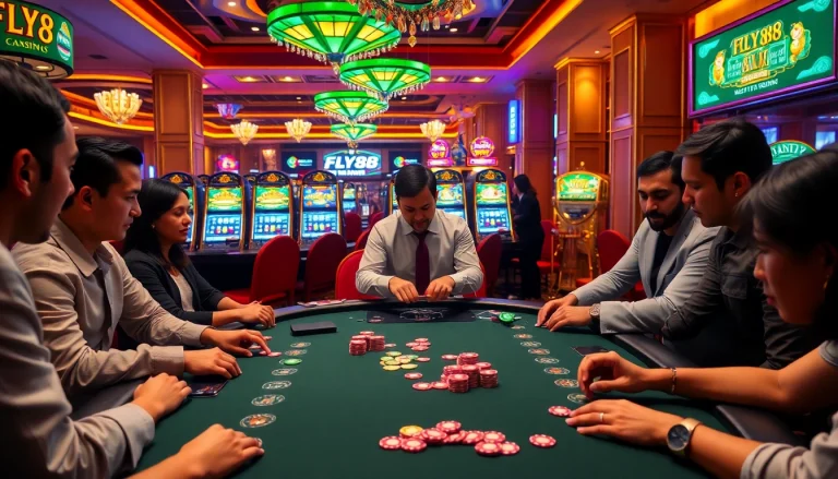 Exciting scene of FLY88 casino gaming with poker table, players, and vibrant slot machines.