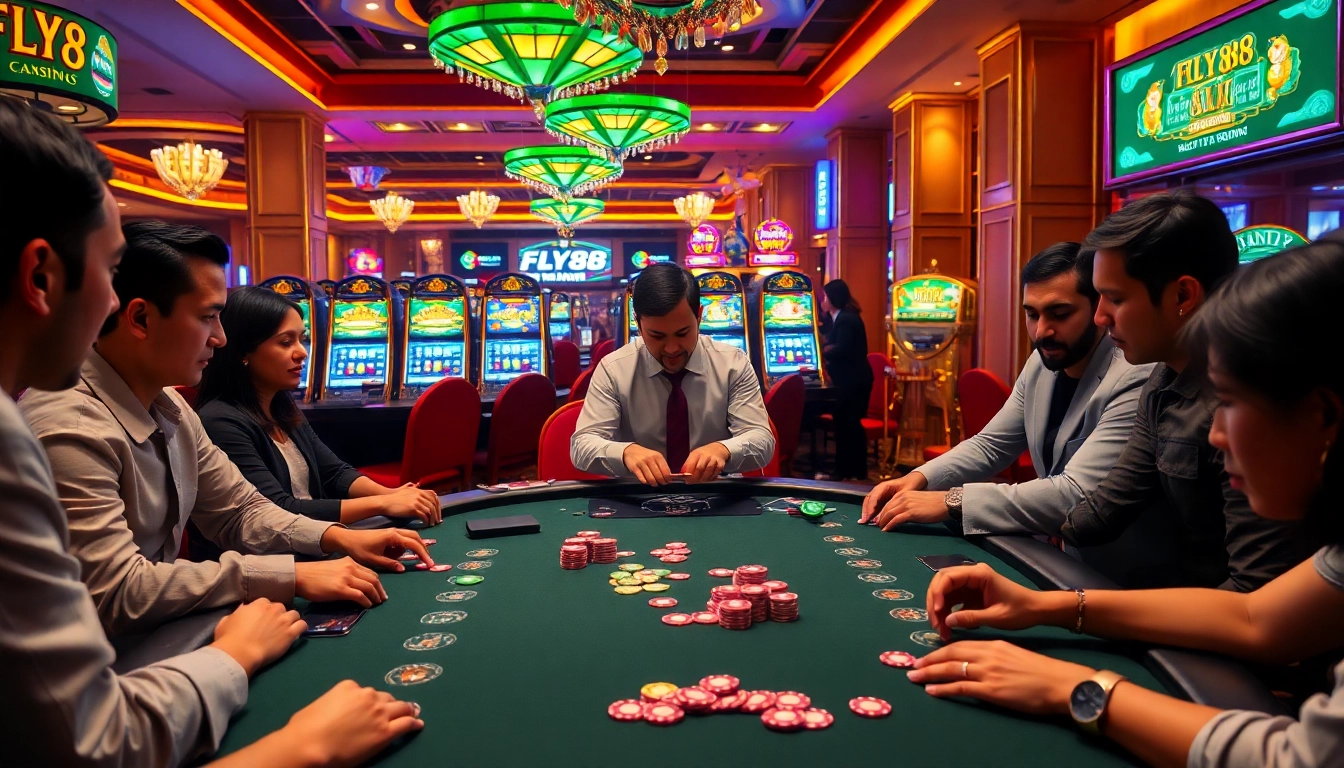 Exciting scene of FLY88 casino gaming with poker table, players, and vibrant slot machines.