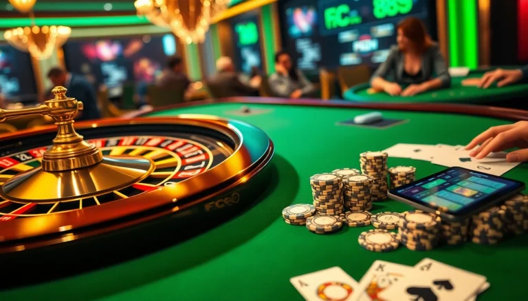 Experience thrilling gameplay at FC88 with vibrant casino tables, chips, and cards.