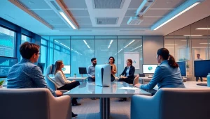 Modern office workspace with professionals collaborating on strategies for https://gg88.work/.