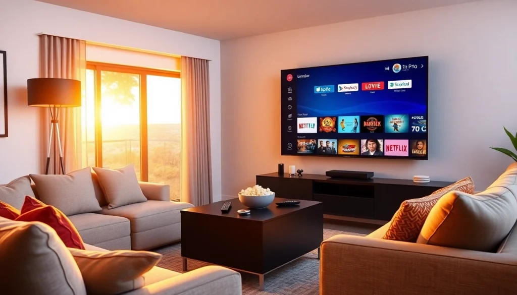 Iron TV Pro displayed on a smart TV in a cozy living room setting with warm lighting.