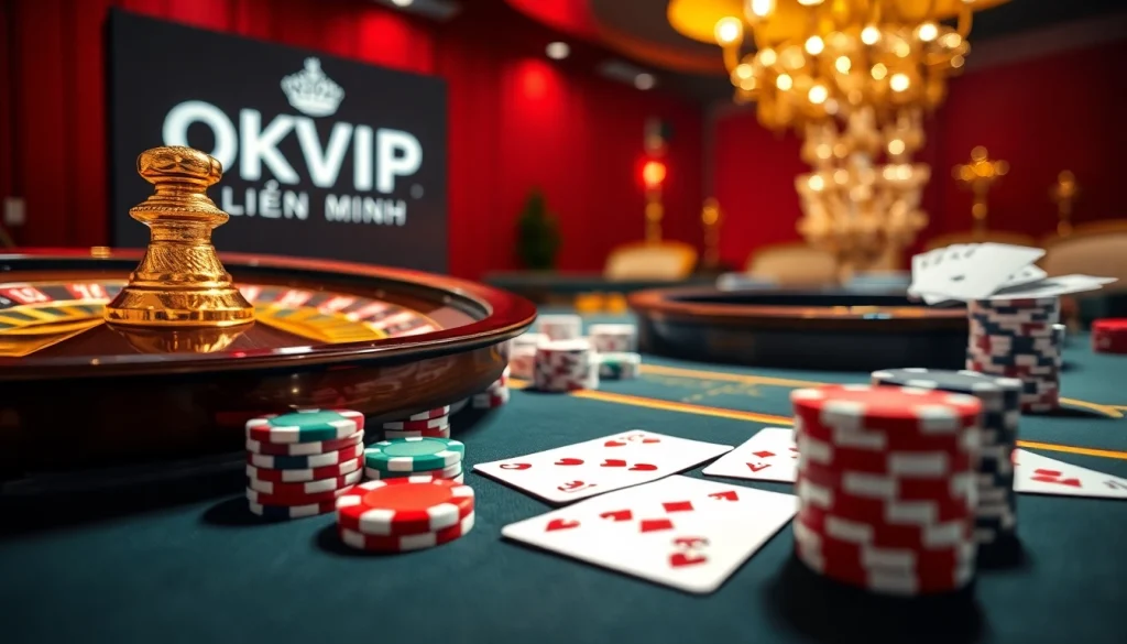 Engage in gaming excitement at OKVIP LIÊN MINH with roulette, poker chips, and vibrant casino tables.
