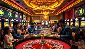 Visiteurs jouant dans un crypto casino coloré avec des jeux modernes et lumineux.