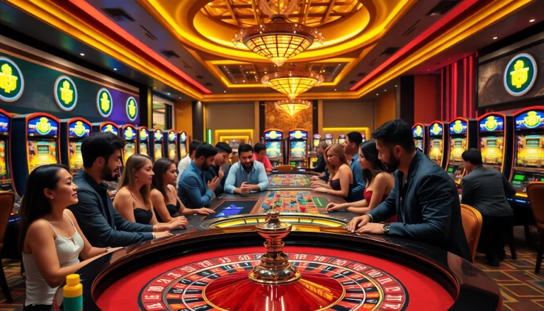 Visiteurs jouant dans un crypto casino coloré avec des jeux modernes et lumineux.