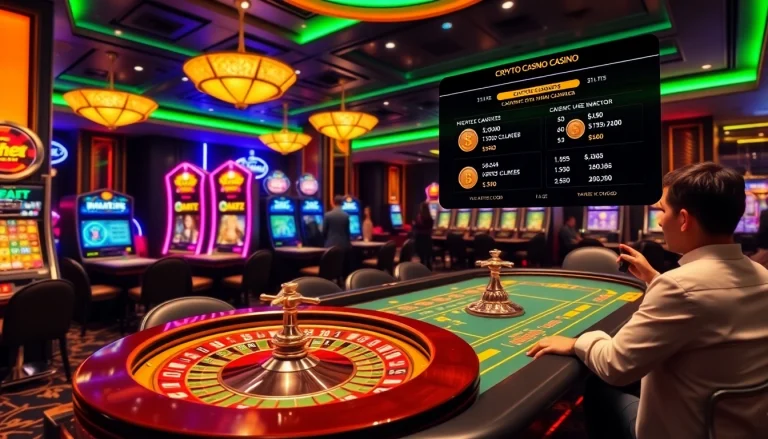 Engaging players enjoying crypto casinos with vibrant tables and luxury gaming facilities.