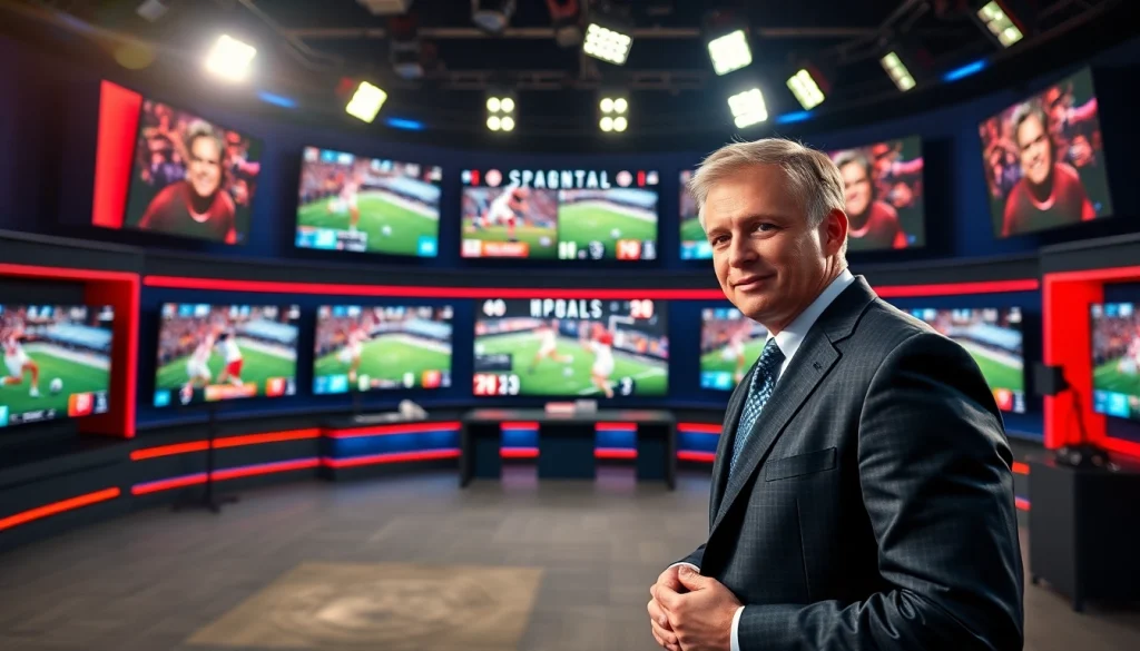 Engaging sports broadcasting scene with a dynamic host in a professional studio setting