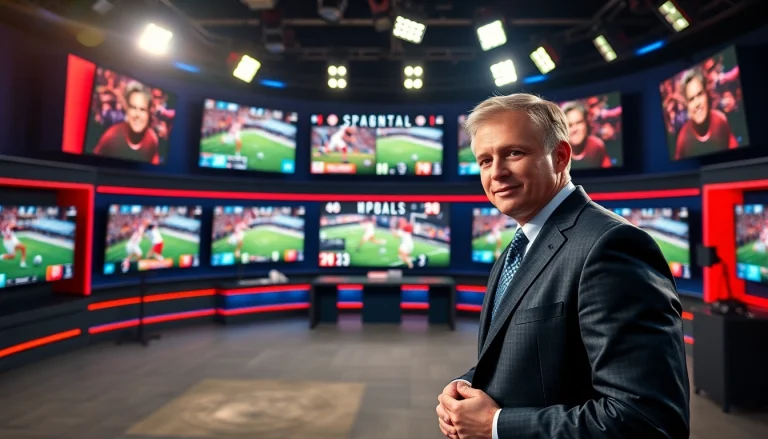 Engaging sports broadcasting scene with a dynamic host in a professional studio setting