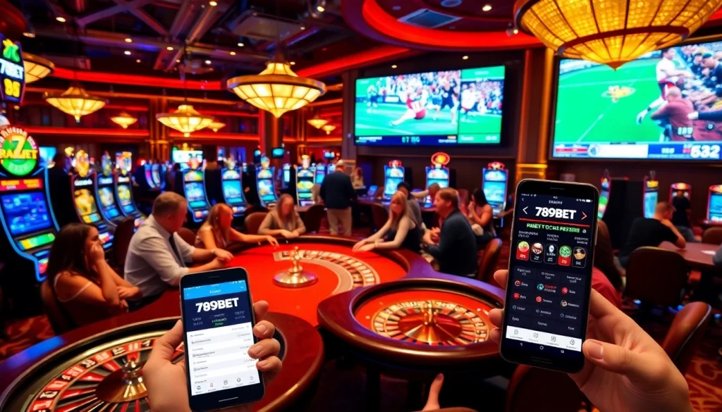 Players enjoying games at 789BET's vibrant casino, showcasing slot machines and poker tables.