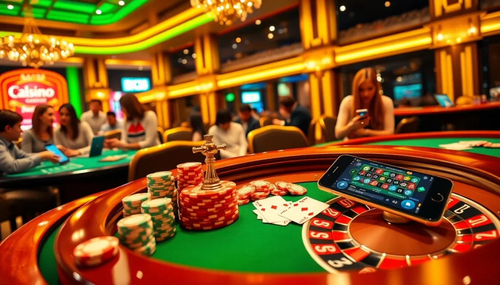 Exciting gameplay at Bk33 casino with vibrant tables, poker chips, and a roulette wheel.