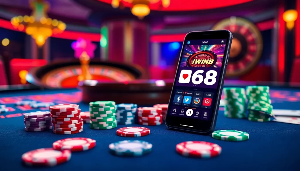 IWIN68 players enjoying an exciting casino atmosphere with poker chips and vibrant gaming elements.