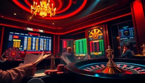 site paris sportif retrait instantané showcasing gamblers placing bets in a luxurious casino environment.