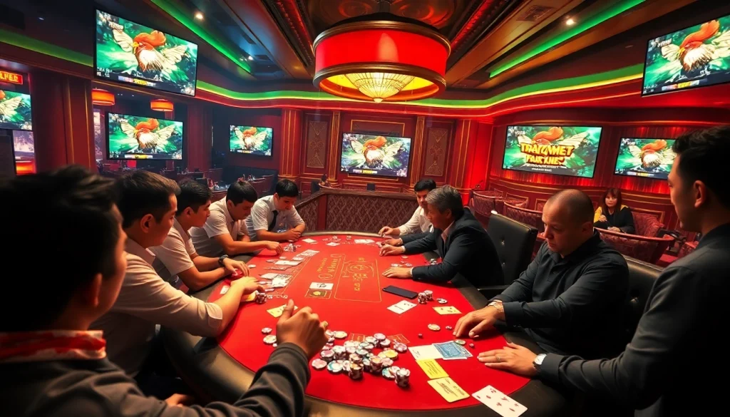Watch a thrilling live đá gà trực tiếp betting scene with engaged players at a vibrant casino table.