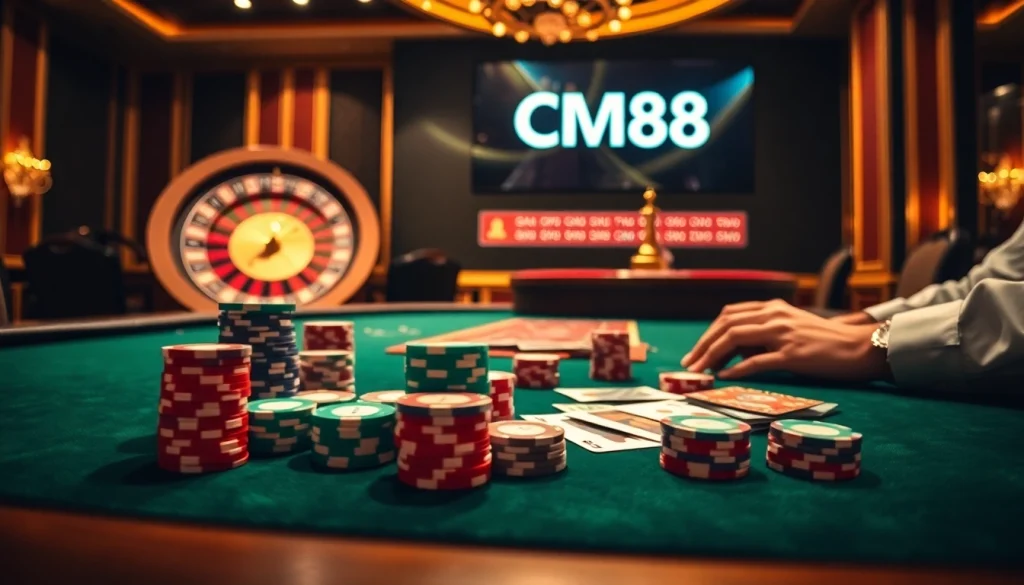 CM88 poker players strategizing over chips and cards in a vibrant casino setting.