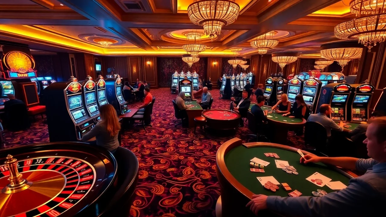 A vibrant casino scene with players enjoying gambling at https://8kbetbh.com/, featuring roulette, poker, and slot machines.