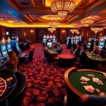 A vibrant casino scene with players enjoying gambling at https://8kbetbh.com/, featuring roulette, poker, and slot machines.