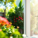 Installation de porte fenêtre moustiquaire élégante avec une conception moderne dans un jardin.