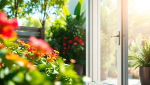 Installation de porte fenêtre moustiquaire élégante avec une conception moderne dans un jardin.