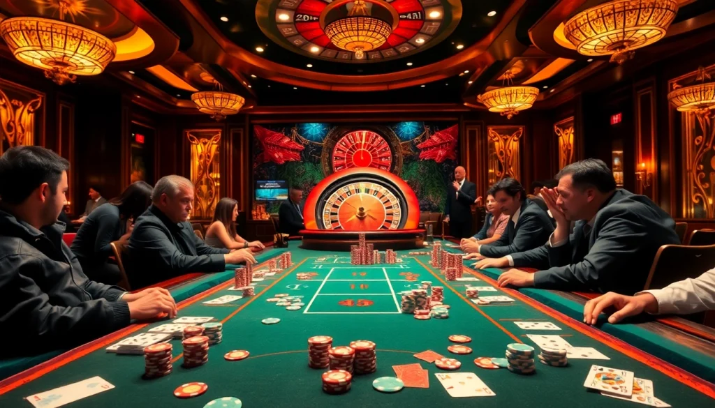 Players engage in high-stakes gambling at https://98winmb.com/, focusing on poker chips and a roulette wheel.