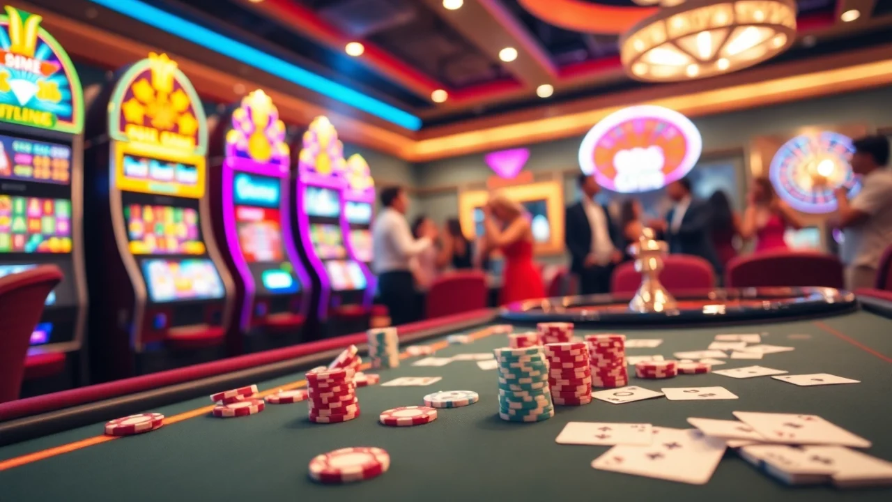 Players enjoying a thrilling game at QQ88 casino table with vibrant cards and chips.