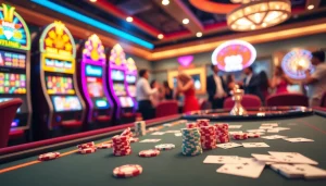 Players enjoying a thrilling game at QQ88 casino table with vibrant cards and chips.