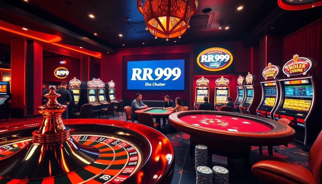 Experience thrilling games at RR99 with luxury casino visuals featuring roulette and poker tables.
