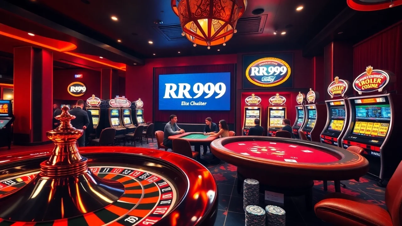Experience thrilling games at RR99 with luxury casino visuals featuring roulette and poker tables.