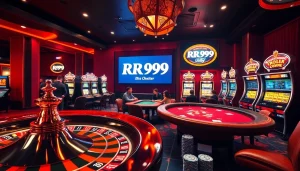 Experience thrilling games at RR99 with luxury casino visuals featuring roulette and poker tables.