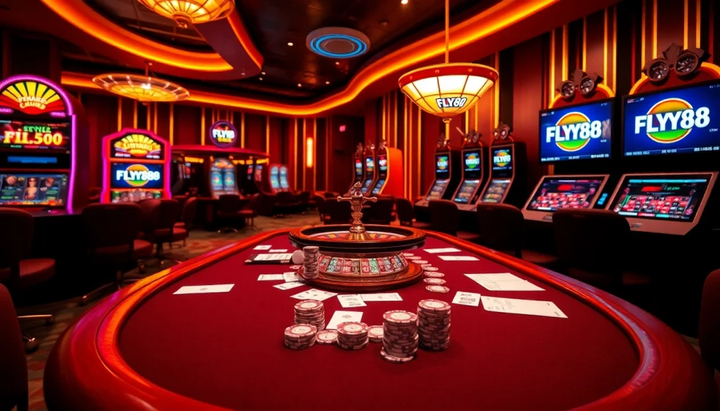 Experience the thrill of gaming at FLY88 COM with professional setup and vibrant casino elements.