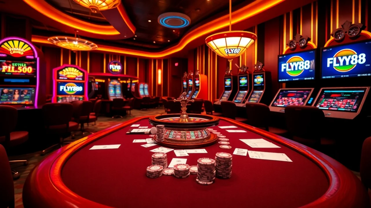 Experience the thrill of gaming at FLY88 COM with professional setup and vibrant casino elements.
