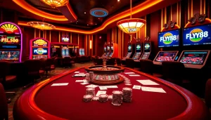 Experience the thrill of gaming at FLY88 COM with professional setup and vibrant casino elements.