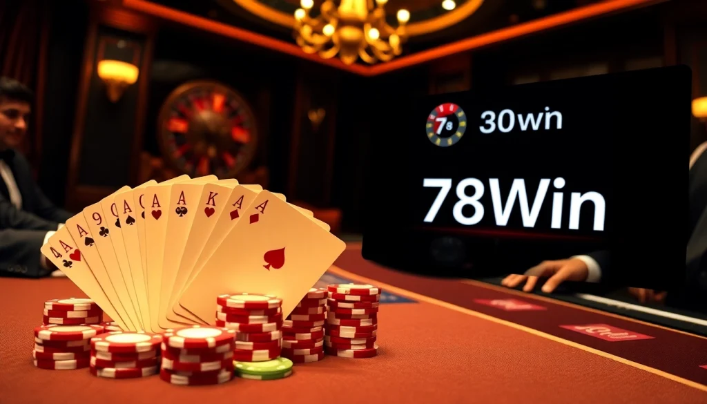 Experience the excitement of 78Win with vibrant poker chips and a roulette wheel in a luxurious casino setting.