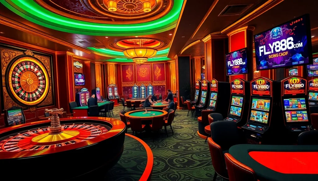 Experience the thrill of gaming at FLY88COM with vibrant casino tables and exciting slot machines.