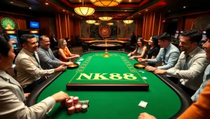 NK88's dynamic gaming table scene highlighting players engaging in exciting casino action with colorful chips and cards.