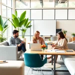 Agence de branding en pleine collaboration créative dans un environnement professionnel lumineux.